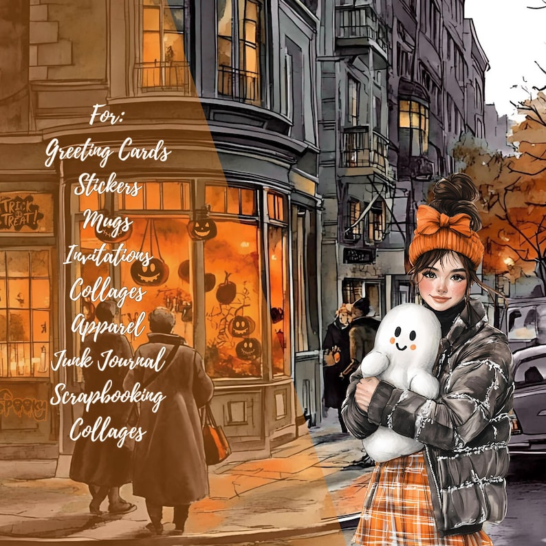 May include: Watercolor illustration of a street scene with a woman holding a ghost plushie. The image includes text that says "For: Greeting Cards, Stickers, Mugs, Invitations, Collages, Apparel, Junk Journal, Scrapbooking, Collages."