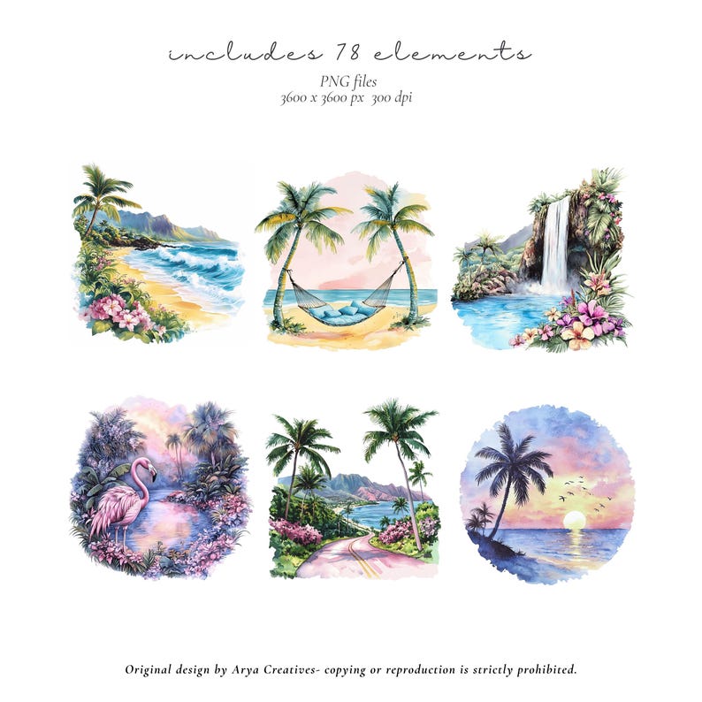 Watercolor Hawaiian Clipart Bundle, Tropical PNG, Beach Vacation Clipart, Luau Summer Graphics, Aloha Island Clipart, Commercial Use image 6