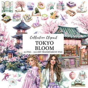 Aquarel Japanse clipart, zomer clipart, summer vibes, travel png, kersenbloesem clipart, bloemen, clipart, Japanse kimono, roze zomer