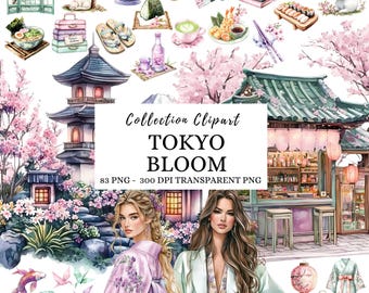 Watercolor Japanese Clipart Set, Cherry Blossom Kimono, Travel PNG, Summer Clipart, Digital Download, Scrapbook, Commercial Use
