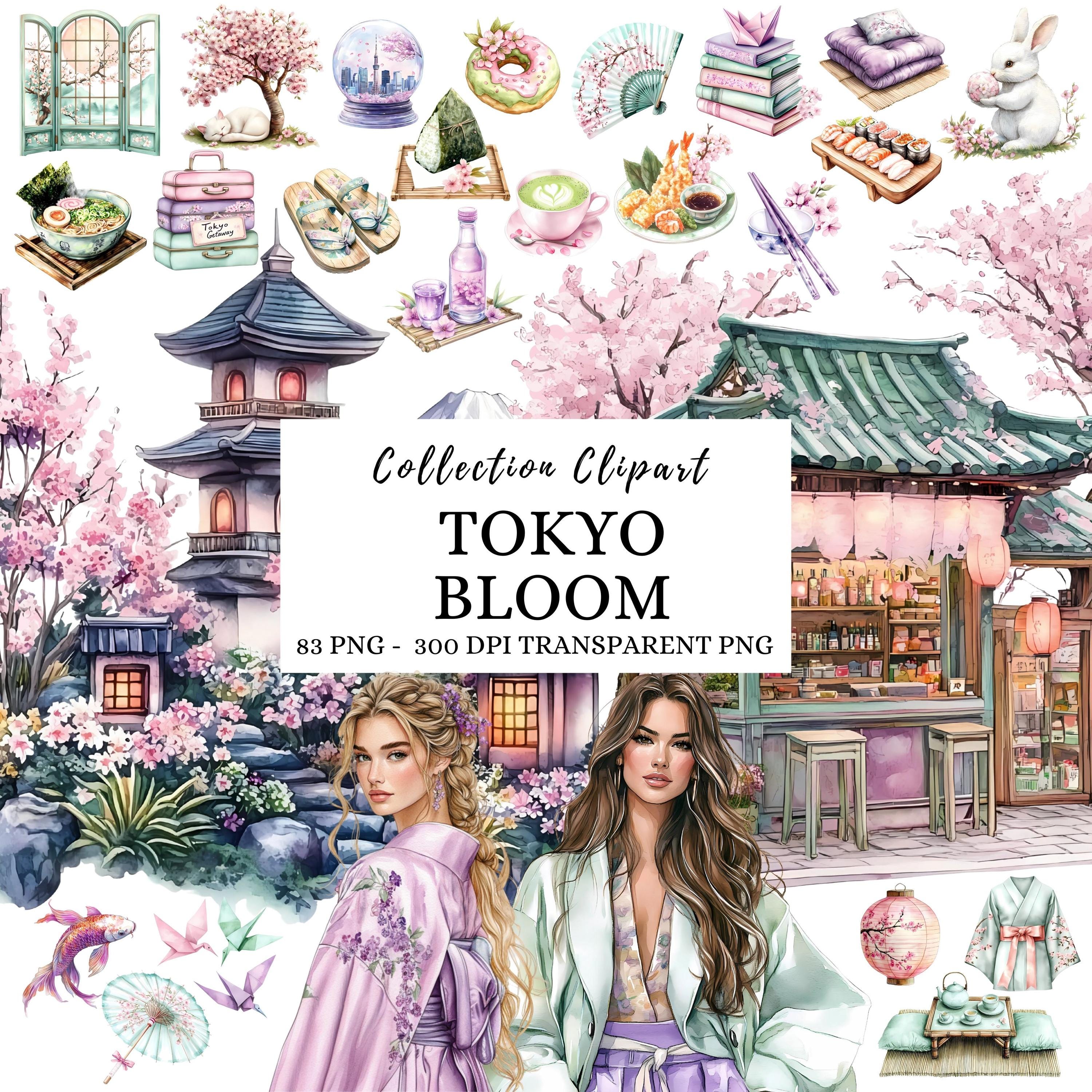 Watercolor Japanese Clipart Set, Cherry Blossom Kimono, Travel PNG 