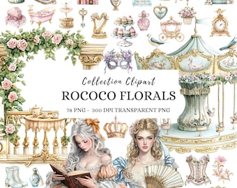 Pode incluir: Uma coleção de 78 imagens de clipart de aquarela com designs florais rococó. As imagens incluem um carrossel, uma coroa, um par de damas com vestidos, um corpete, uma xícara de chá, um pássaro, uma máscara, uma chave, uma harpa, um relógio, um buquê de flores, uma janela, um sino, um sofá, um livro, um frasco de perfume, um par de botas, um gato, um bolo, uma carruagem e uma guirlanda floral.