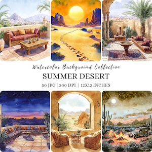 Carta digitale per acquerello estivo del deserto, clipart del deserto, clipart del Medio Oriente, clipart estiva, sfondo di viaggio, cactus, cammello, scena del deserto