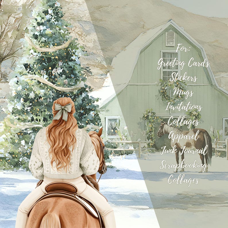 Watercolor Christmas Horse Clipart, Winter Equestrian PNG, Farm Animal ...
