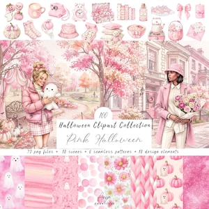 Pode incluir: Uma coleção digital de gráficos com tema de Halloween rosa, apresentando ilustrações de fantasmas, abóboras, arranjos florais e cenas de pessoas com roupas rosas, com o texto 100 Halloween Clipart Collection Pink Halloween.