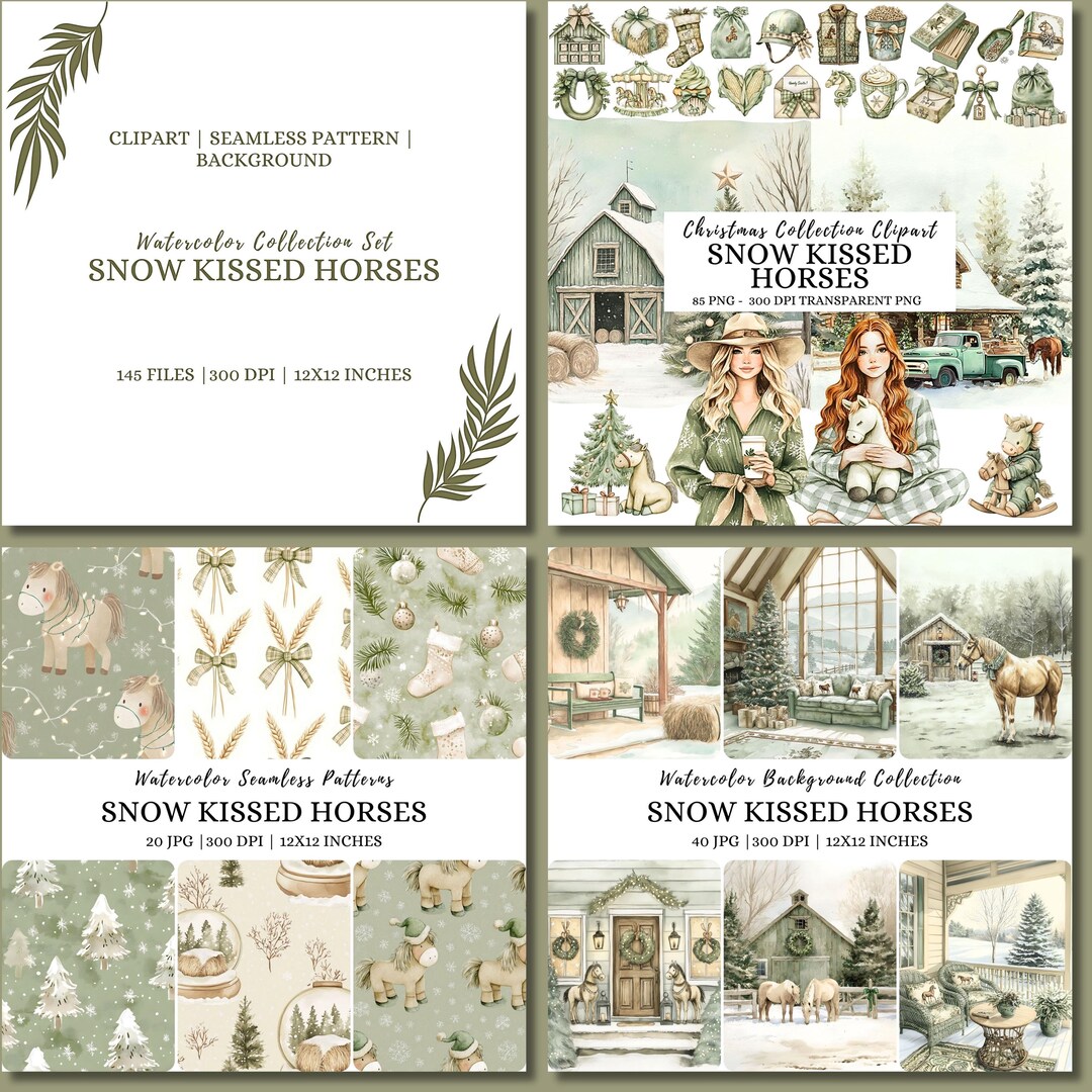 Watercolor Christmas Horse Clipart Bundle, Equestrian Winter PNG ...