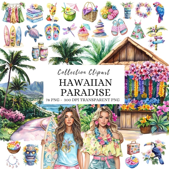 Watercolor Hawaiian Clipart, Travel Clipart, Beach Summer Vacation PNG Set, Floral, Digital Download, Commercial Use
