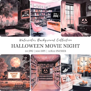Watercolor Halloween Movie Night Background, Cozy Halloween Clipart, Cute Fall Halloween Landscape Digital Paper, Spooky Halloween Scenery