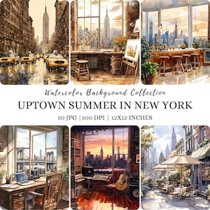Imágenes prediseñadas de la ciudad de Nueva York en acuarela, imágenes prediseñadas de verano, imágenes prediseñadas de viajero, imágenes prediseñadas de NYC, imagen imprimible de paisaje urbano de EE. UU., escena callejera de la ciudad en acuarela