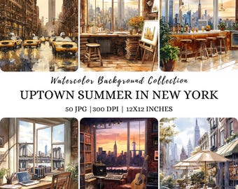 Watercolor New York City Clipart, Summer Clipart, Traveler Clipart, NYC Clipart, USA Cityscape Printable Image, Watercolor City Street Scene