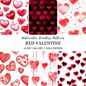 Watercolor Happy Valentines Seamless Pattern, Red Heart Digital Paper, Love Patterns, Valentines Day Pattern, Valentine Paper, Digital Paper