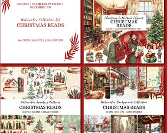Pacote de Clipart de Natal em Aquarela para Leitores: Amante de Livros Aconchegante PNG (Download Digital)