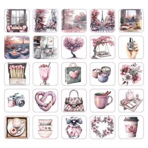 May include: A collection of watercolor illustrations featuring various objects and scenes in shades of pink and gray. Includes a cafe scene, Eiffel Tower, heart-shaped tree, shopping bag, candles, camera, pretzel, handbag, coffee cup, and perfume bottle.