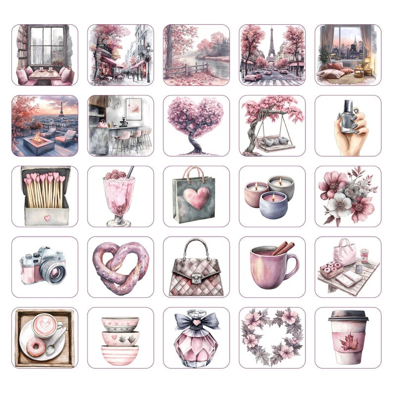 May include: A collection of watercolor illustrations featuring various objects and scenes in shades of pink and gray. Includes a cafe scene, Eiffel Tower, heart-shaped tree, shopping bag, candles, camera, pretzel, handbag, coffee cup, and perfume bottle.