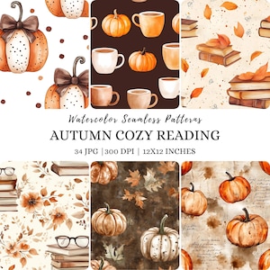 Peut inclure: Motifs de couture sans couture à l'aquarelle sur le thème de l'automne. Les motifs comprennent des citrouilles, des tasses à café, des livres et des feuilles. Le texte indique « AUTUMN COZY READING » et « 12x12 INCHES ». La palette de couleurs comprend l'orange, le marron et la crème.