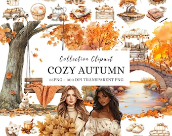 Watercolor Autumn Clipart: Rustic Fall PNG Graphics, Cozy Elements (Digital Download)