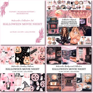 Watercolor  Halloween Movie Night Clipart Bundle, Cozy Halloween, Large Bundle XX Bundle, Seasonal PNG Graphics, Cute Fall Halloween, Ghost