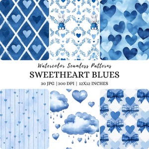 Patrón sin costuras de corazones de mezclilla en acuarela: Papel digital azul San Valentín (JPG)
