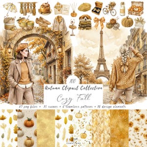 Op de afbeelding: Een digitale collectie van 100 herfst-clipartbestanden met aquarelillustraties van pompoenen, herfstbladeren, knusse kleding, Parijse scènes met de Eiffeltoren en naadloze patronen in tinten van goud, bruin en crème.