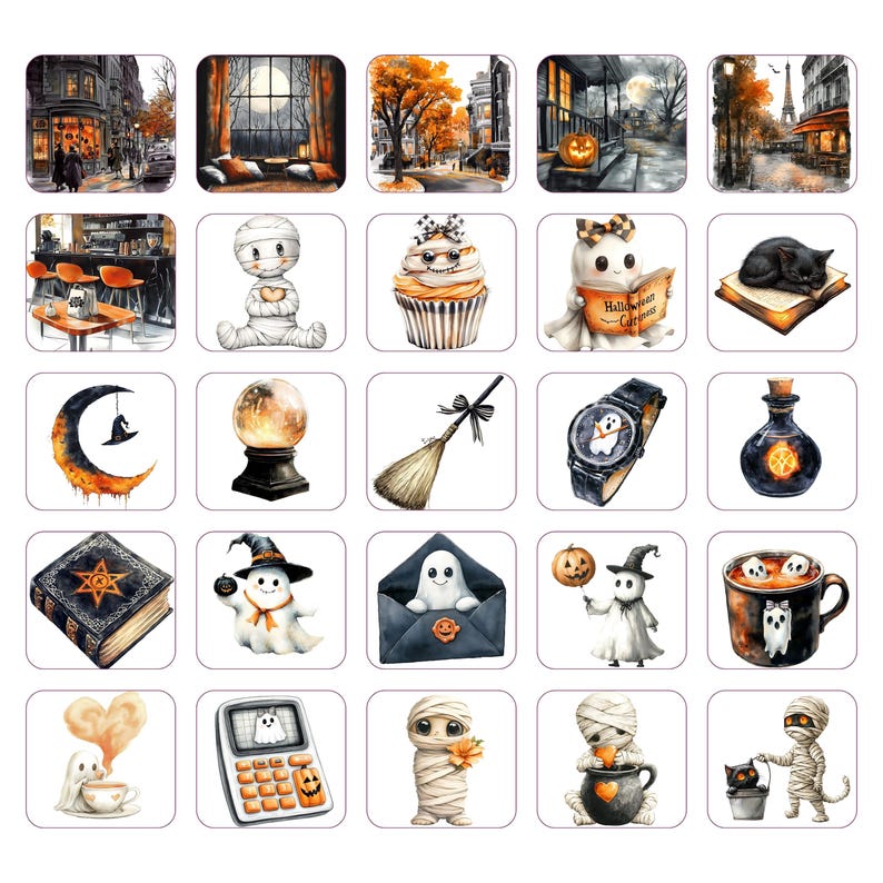 May include: A collection of watercolor illustrations featuring Halloween-themed imagery. The images include a haunted house, a black cat on a book, a witch's broom, a crystal ball, a mummy, a ghost, and a watch with a ghost on the face.