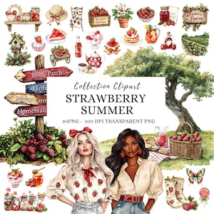 Aquarell Erdbeeren Clipart: Cottagecore Sommer Grafiken Png, Sommer Illustrationen, kommerzielle Nutzung