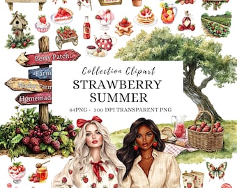 Watercolor Strawberry Clipart: Cottagecore Summer Graphics Png, Summertime Illustrations, Commercial Use