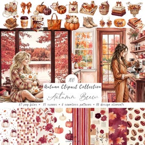 May include: A watercolour illustration of an autumn-themed clipart collection. The image features pumpkins, leaves, coffee, and cosy scenes. Text reads "100 Autumn Clipart Collection Autumn Brew".