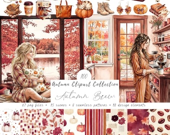 Puede incluir: Ilustración en acuarela de una colección de imágenes prediseñadas con temática otoñal. La imagen presenta varios elementos de otoño como calabazas, hojas, café y escenas acogedoras. El texto dice "100 Autumn Clipart Collection Autumn Brew".