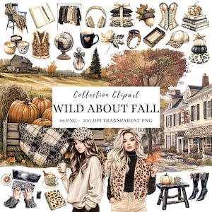 Clipart de otoño neutro en acuarela, gráficos PNG de otoño neutro acogedor, leopardo PNG, vibraciones otoñales, pegatinas digitales, uso comercial