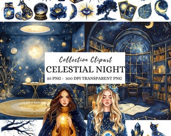 Aquarel hemelse nacht clipart: mystieke maan, sterren, zon, heidense clipart, magische png, digitale download