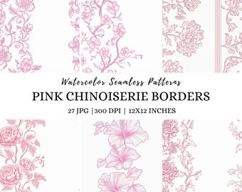Carta digitale floreale Chinoiserie rosa: bordi per carta da parati vintage (download digitale)