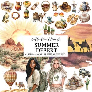 Acuarela del desierto de verano, clipart de Oriente Medio, clipart de verano, PNG de viajes de verano, cactus, paisaje desértico, clipart de camello, álbum de recortes