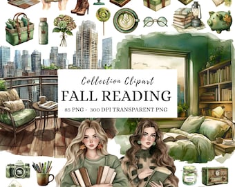 Watercolor Fall Reading Clipart, Book Lover Png, Cozy Autumn PNG Graphics, Digital Download, Commercial Use