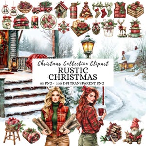 Clipart hiver rustique aquarelle : illustrations de Noël Cottagecore PNG, cabane d'hiver (téléchargement numérique)