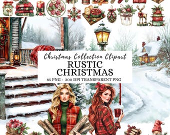 Watercolor Rustic Winter Clipart: Cottagecore Christmas PNG Illustrations, Winter Cabin, (Digital Download)