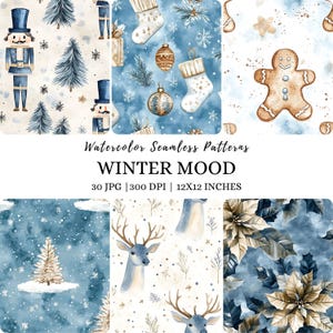 Puede incluir: Patrones sin costuras de acuarela con temática invernal. La imagen presenta diseños como un cascanueces, calcetines navideños, hombre de jengibre, ciervos y poinsettias. El texto dice "WINTER MOOD" y los patrones son de 30 x 30 cm.