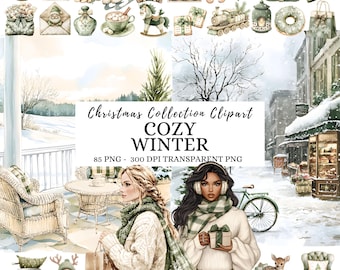 May include: Watercolor clipart collection with a cozy winter theme. The image features various winter-themed illustrations, including a snowman, ice skates, and a gingerbread man. The text "Christmas Collection Clipart" and "COZY WINTER" are also visible.