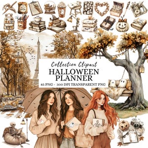 Watercolor Cozy Halloween Planner Clipart, Spooky Planner Clip Art, Planner Girl PNG Bundle, Cozy Fall Clipart, Soft Neutral Halloween Png