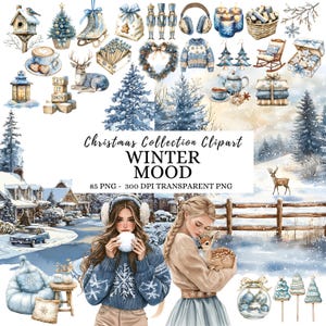 Akvarell vinter Clipart: Snöig vinter PNG-illustrationer, Rustik vinter Clipart, Cottagecore, Helgdagar Png, Jul Clipart för Scrapbook