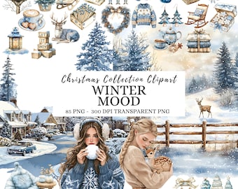 May include: A digital illustration featuring a winter theme with various elements. Includes Christmas trees, ice skates, a deer, and a woman in a blue sweater. The text reads "Christmas Collection Clipart" and "Winter Mood".