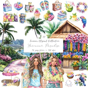 Watercolor Hawaiian Clipart Bundle, Tropical PNG, Beach Vacation Clipart, Luau Summer Graphics, Aloha Island Clipart, Commercial Use image 1