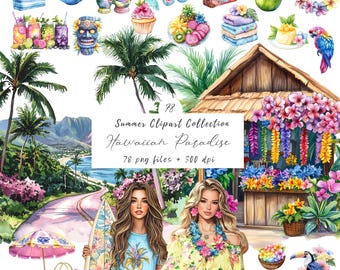 Aquarel Hawaiiaanse clipartbundel, tropische png, strandvakantie clipart, Luau zomer graphics, Aloha Island clipart, commercieel gebruik