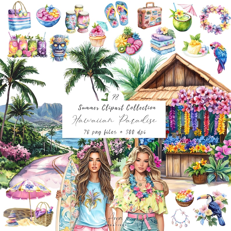 Watercolor Hawaiian Clipart Bundle, Tropical PNG, Beach Vacation Clipart, Luau Summer Graphics, Aloha Island Clipart, Commercial Use image 1