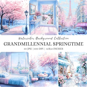 Könnte beinhalten: Eine Sammlung von Aquarellhintergründen mit Frühlingsmotiv. Die Bilder zeigen Szenen von Kirschblüten, Pariser Straßen und Innenräumen. Der Text auf dem Bild lautet "GRANDMILLENNIAL SPRINGTIME" und "Watercolor Background Collection".