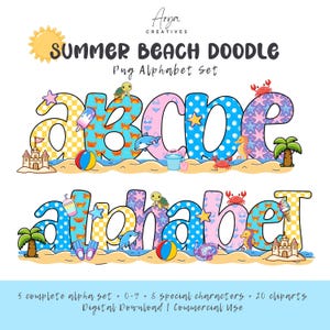 Può includere: Un colorato set di alfabeto digitale con un tema spiaggia estiva. Le lettere sono decorate con elementi da spiaggia come granchi, delfini e gelati. Il testo recita "Summer Beach Doodle" e "Pug Alphabet Set".