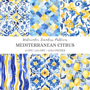 Modello senza cuciture con piastrelle e limoni mediterranei, modello di limone acquerello, clipart estiva, modello di piastrelle, piastrelle blu e bianche, sfondo estivo