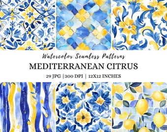 Watercolor Mediterranean Lemon Tile Seamless Pattern (Digital Download)
