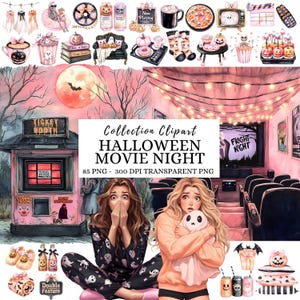 Watercolor Halloween Movie Night Clipart, Cozy Halloween Clipart, Spooky Night PNG, Hallows Eve Graphics, Cute Halloween, Skeleton, Ghost