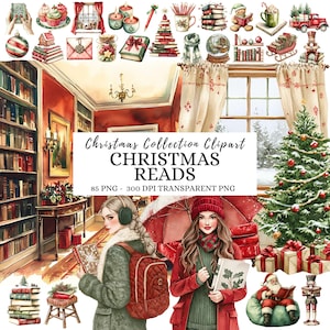 Può includere: Raccolta di clipart a tema natalizio ad acquerello con libri, regali e decorazioni festive. L'immagine include una scena di biblioteca accogliente con due donne, un albero di Natale e il testo "Christmas Reads".