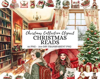 Pacote de Clipart de Natal em Aquarela para Leitores: Amantes de Livros em Estilo Cottagecore PNG, Ilustrações de Inverno, Leitor Ávido PNG, Download Digital, Scrapbooking